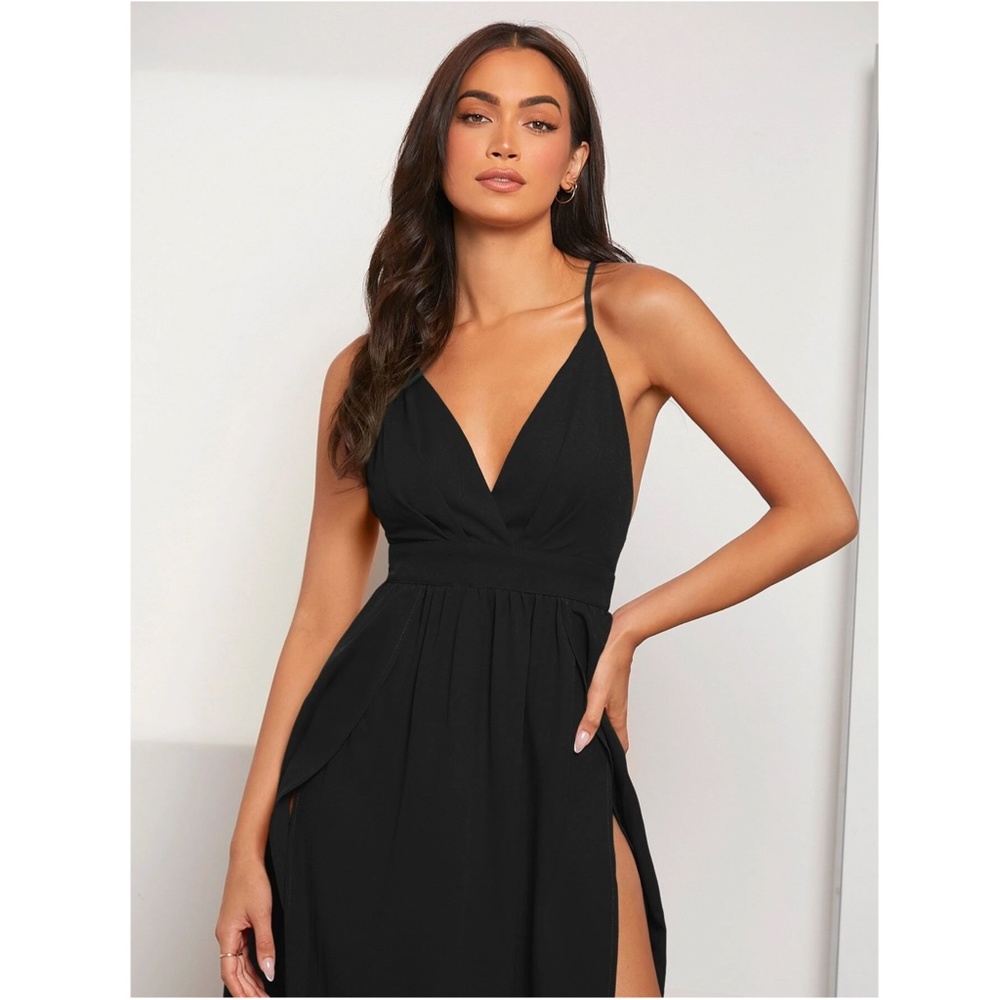 Deep V Backless High Leg Slit Maxi Dress in Black - Picture 4 of 14